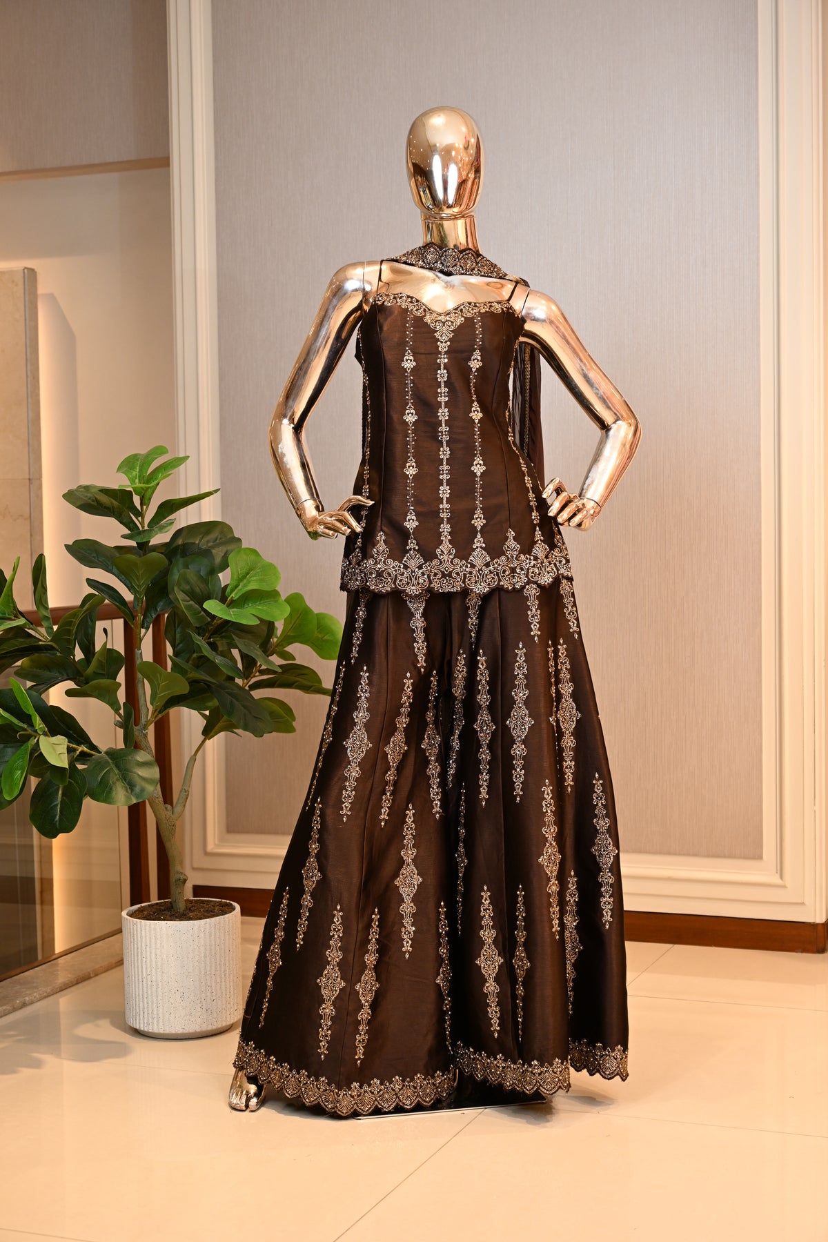 Dark Chocolate Brown Zari Embellished Corset Set