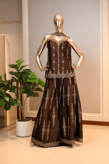 Dark Chocolate Brown Zari Embellished Corset Set