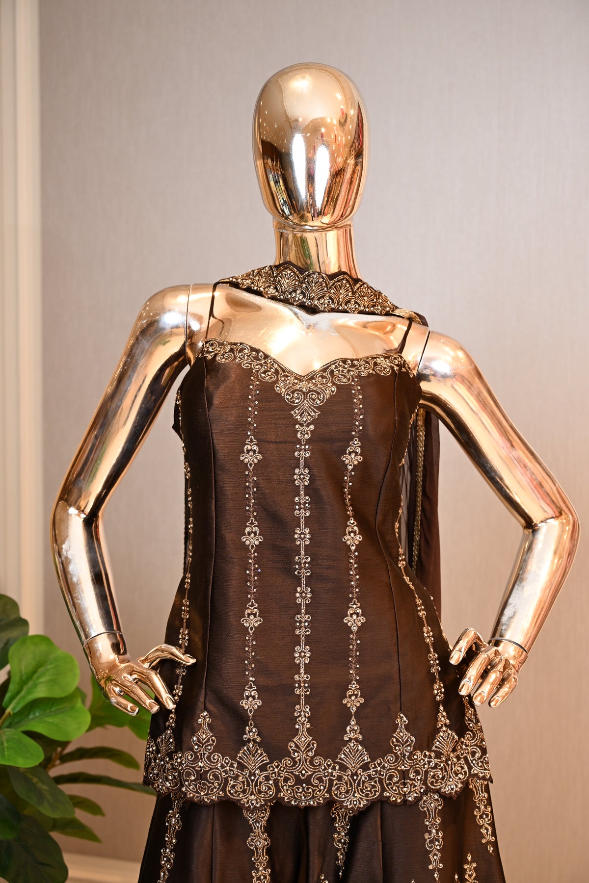 Dark Chocolate Brown Zari Embellished Corset Set