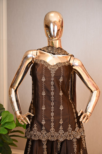 Dark Chocolate Brown Zari Embellished Corset Set