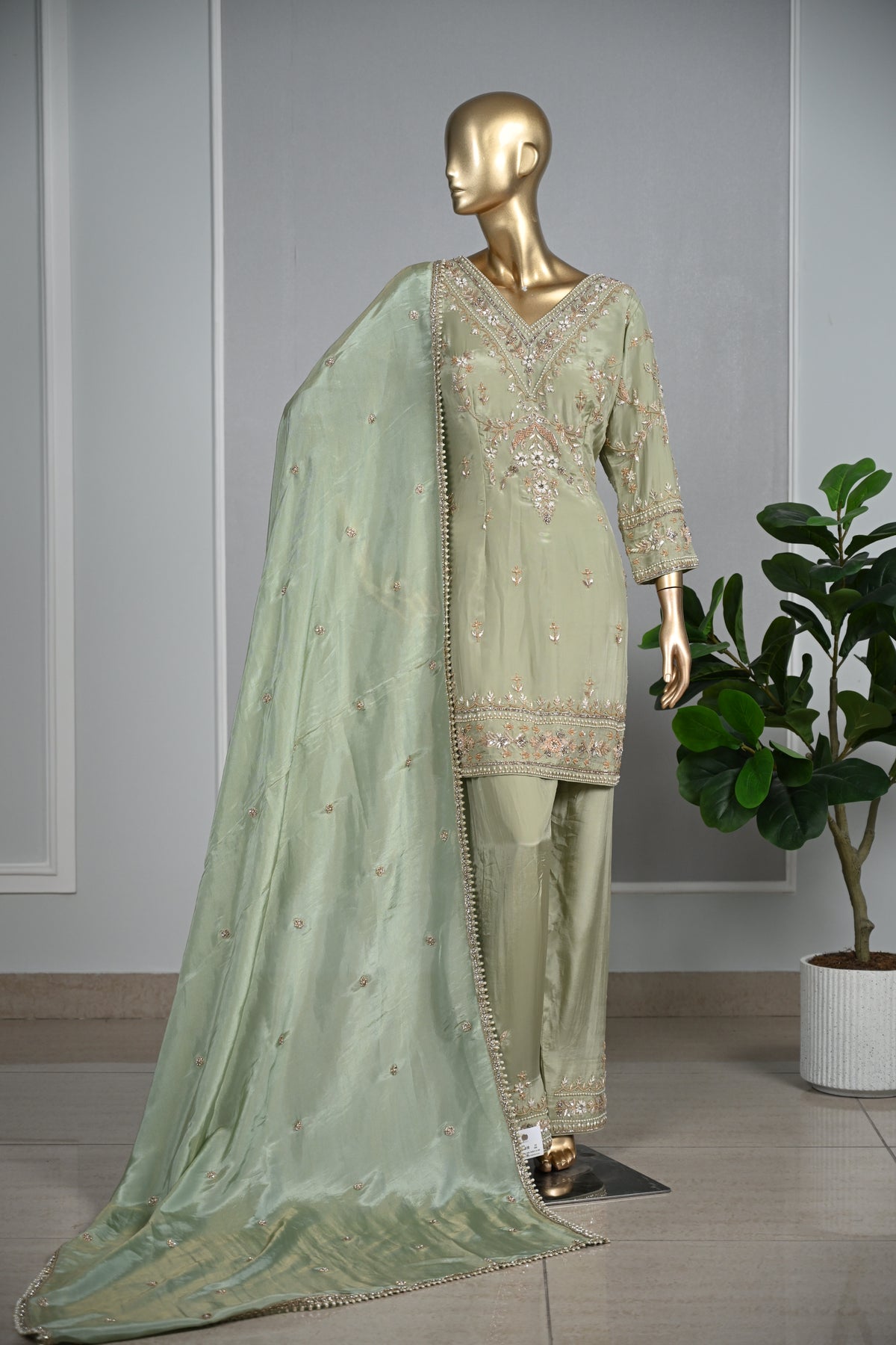 Light Pista Farsi Silk Suit with Zari & Sequin Embroidery