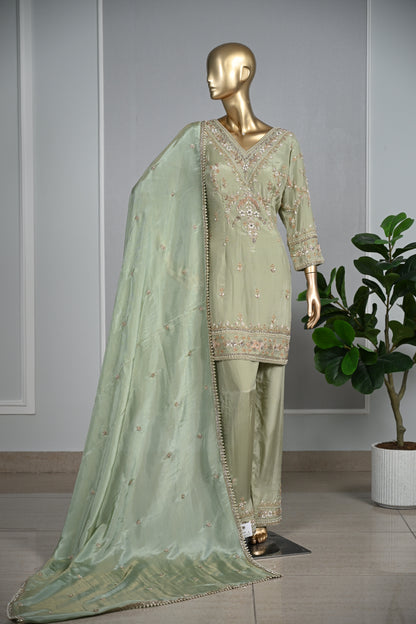 Light Pista Farsi Silk Suit with Zari & Sequin Embroidery
