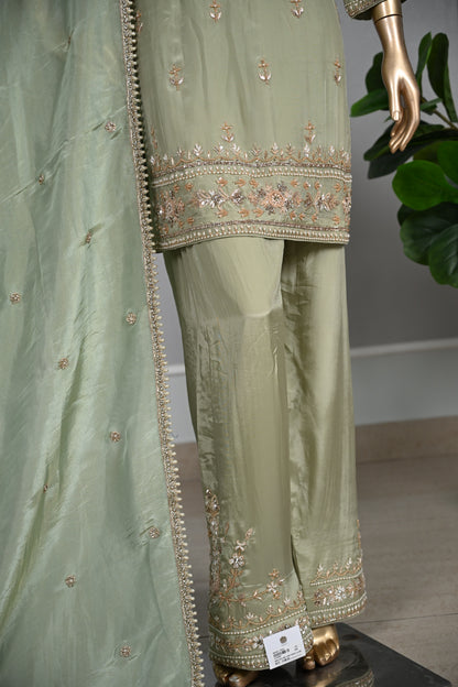 Light Pista Farsi Silk Suit with Zari & Sequin Embroidery