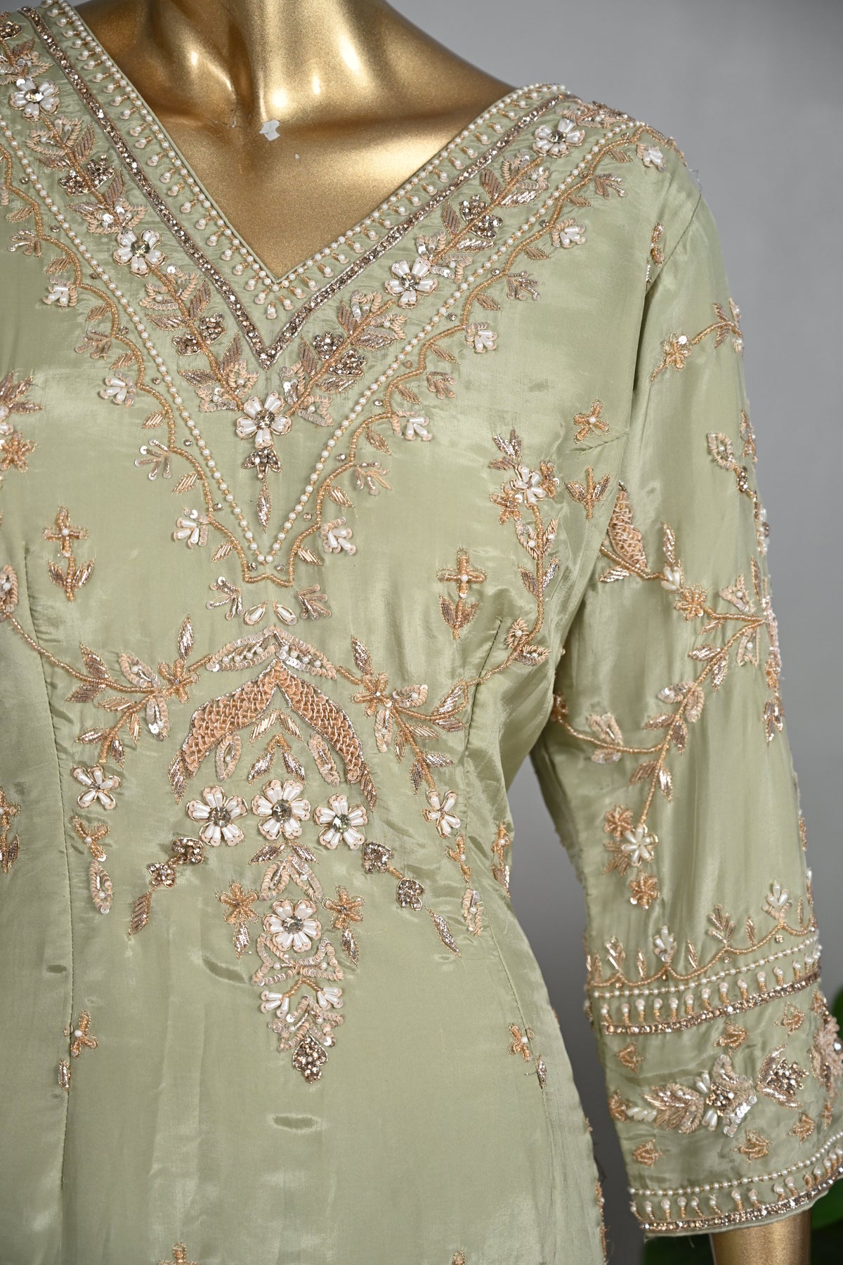 Light Pista Farsi Silk Suit with Zari & Sequin Embroidery