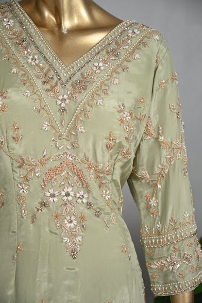 Light Pista Farsi Silk Suit with Zari & Sequin Embroidery