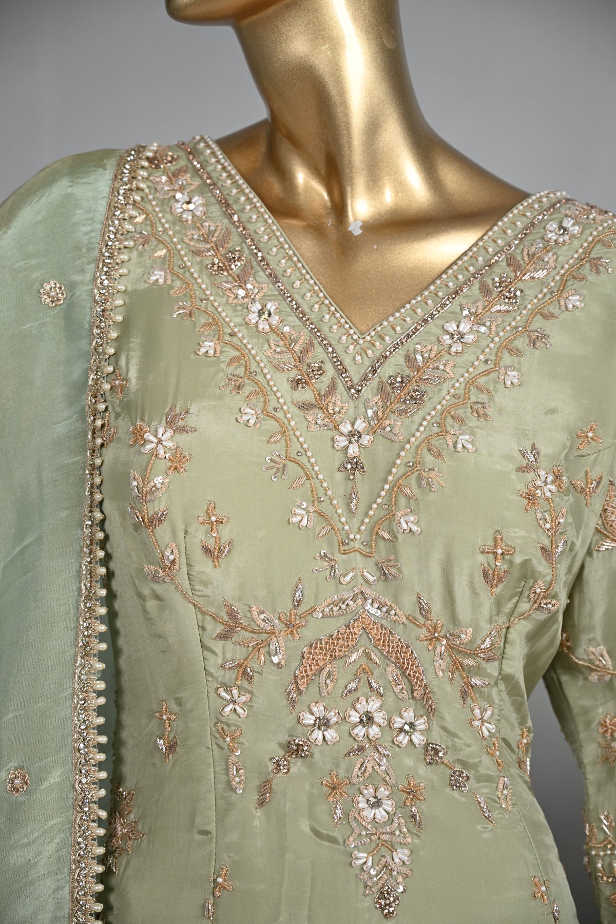 Light Pista Farsi Silk Suit with Zari & Sequin Embroidery