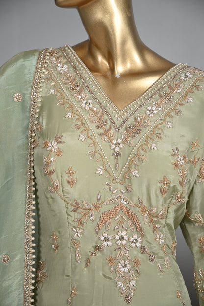 Light Pista Farsi Silk Suit with Zari & Sequin Embroidery