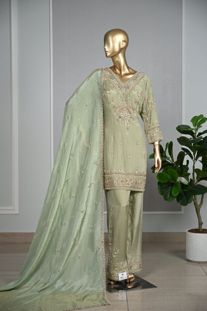 Light Pista Farsi Silk Suit with Zari & Sequin Embroidery