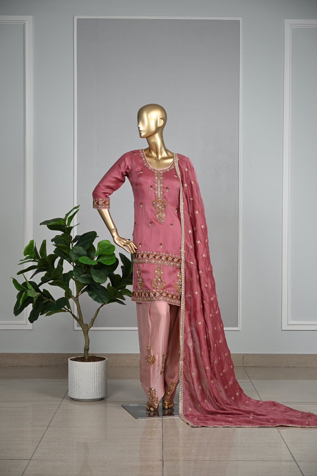 Dust Rose Farsi Silk Suit with Zari & Pearl Embellishment