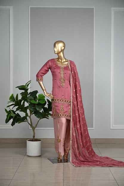 Dust Rose Farsi Silk Suit with Zari & Pearl Embellishment