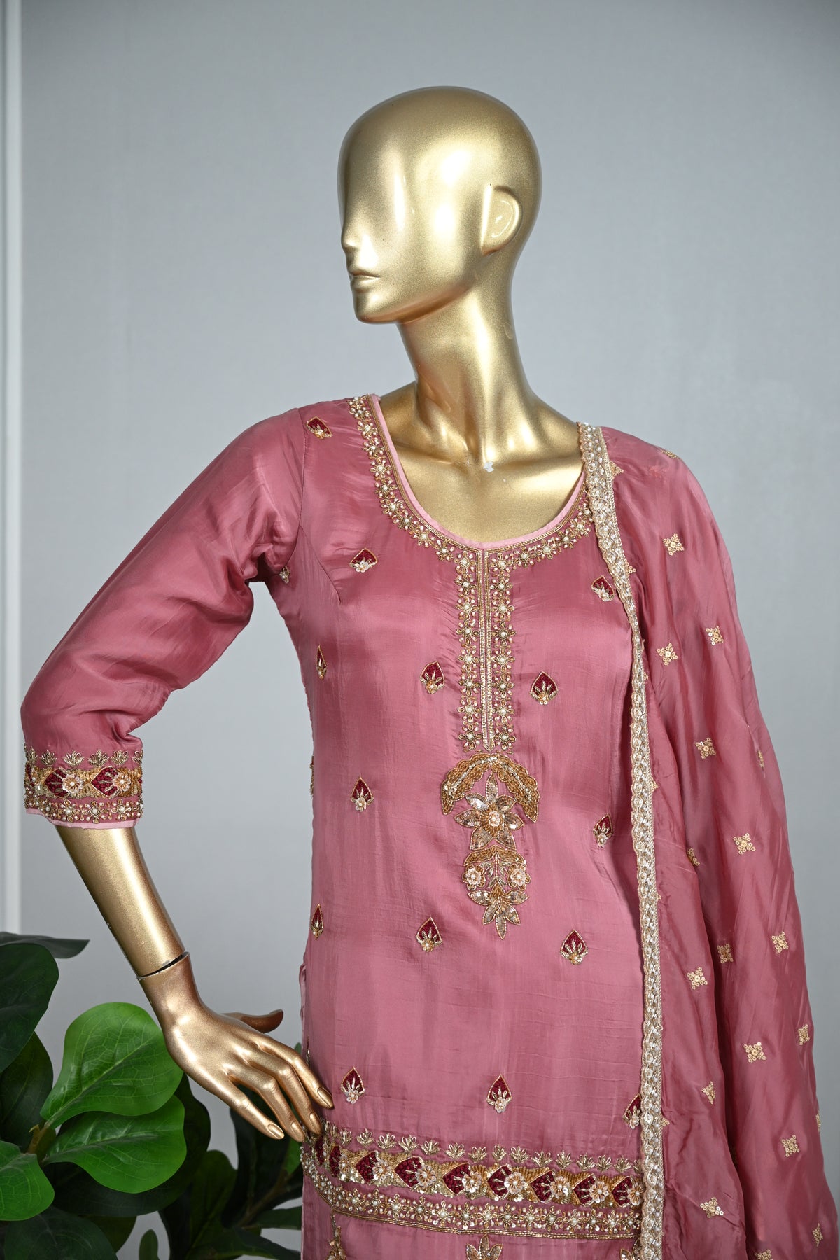 Dust Rose Farsi Silk Suit with Zari & Pearl Embellishment