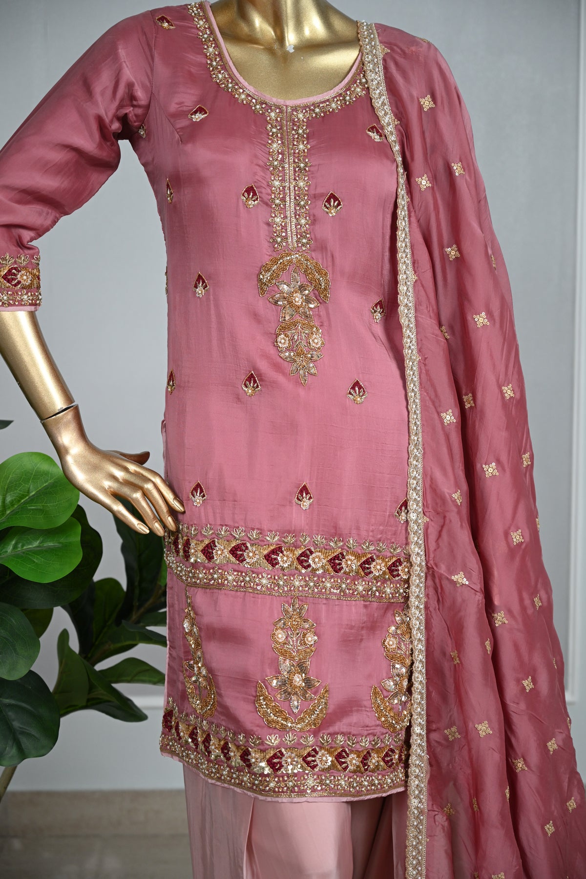 Dust Rose Farsi Silk Suit with Zari & Pearl Embellishment