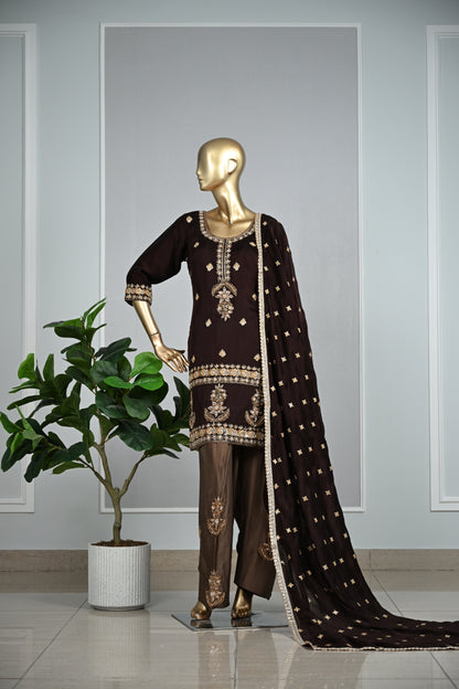 Chocolate Brown Farsi Silk Suit with Zari & Pearl Embellishment