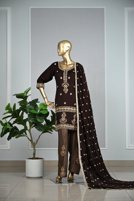 Chocolate Brown Farsi Silk Suit with Zari & Pearl Embellishment
