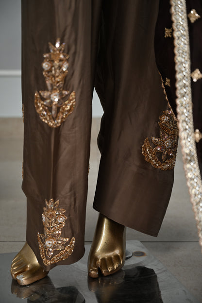 Chocolate Brown Farsi Silk Suit with Zari & Pearl Embellishment