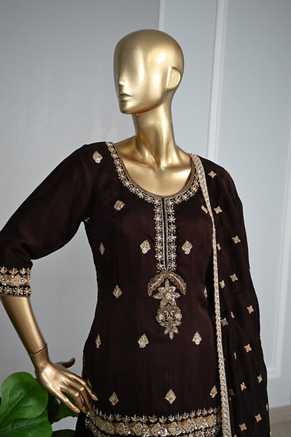 Chocolate Brown Farsi Silk Suit with Zari & Pearl Embellishment