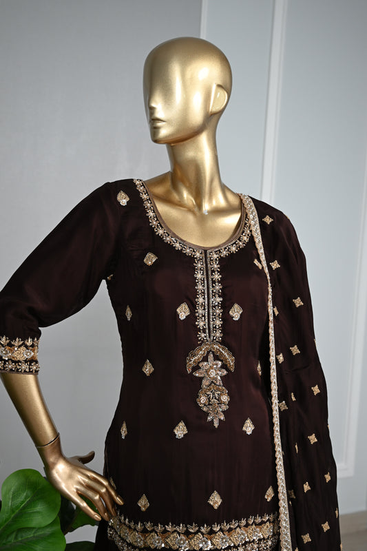 Chocolate Brown Farsi Silk Suit with Zari & Pearl Embellishment