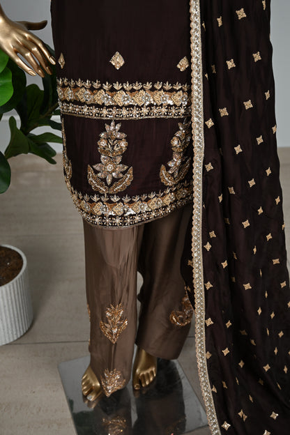 Chocolate Brown Farsi Silk Suit with Zari & Pearl Embellishment