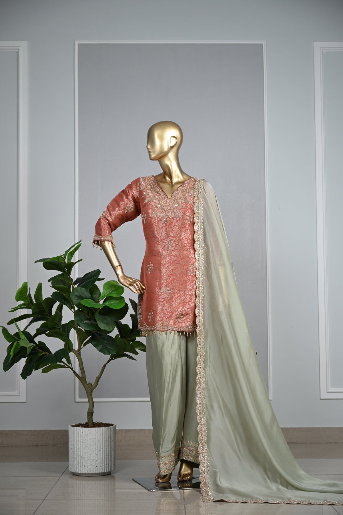 Rust Pista Farsi Suit – Banarasi Shirt  With Tabby Silk Bottom