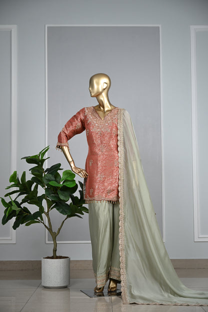 Rust Pista Farsi Suit – Banarasi Shirt  With Tabby Silk Bottom