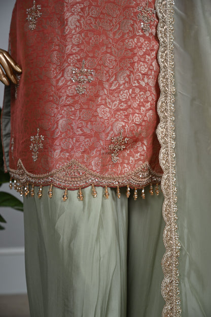 Rust Pista Farsi Suit – Banarasi Shirt  With Tabby Silk Bottom
