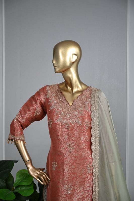 Rust Pista Farsi Suit – Banarasi Shirt  With Tabby Silk Bottom