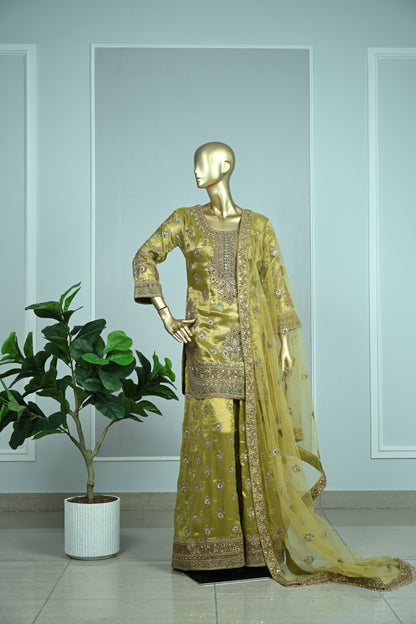 Olive Green Shimmer Tissue Sharara Suit