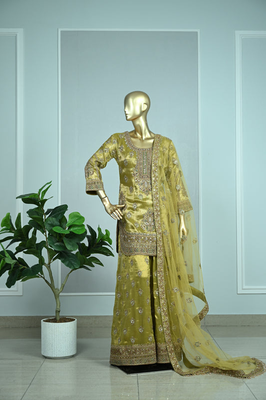 Olive Green Shimmer Tissue Sharara Suit