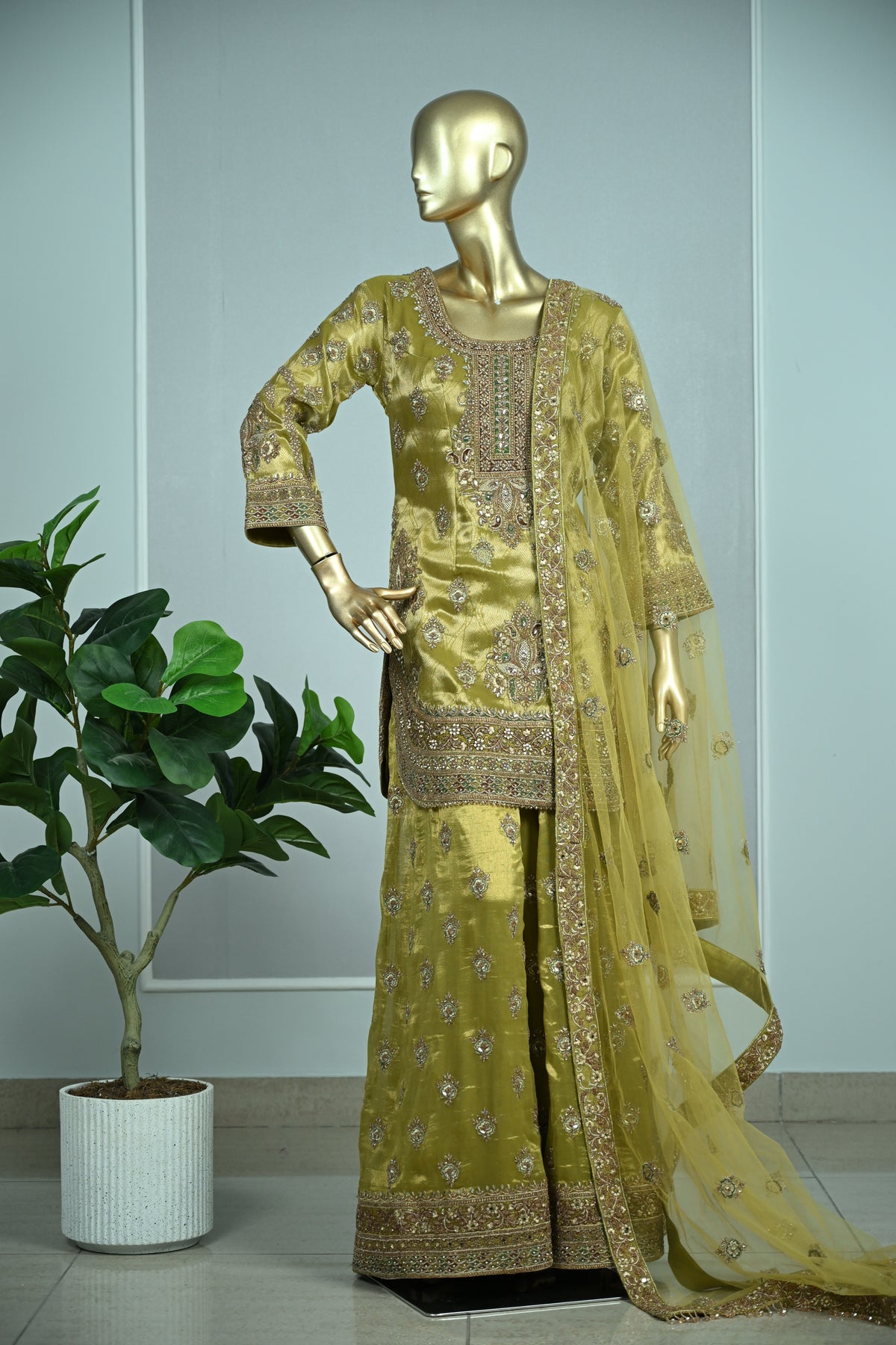Olive Green Shimmer Tissue Sharara Suit