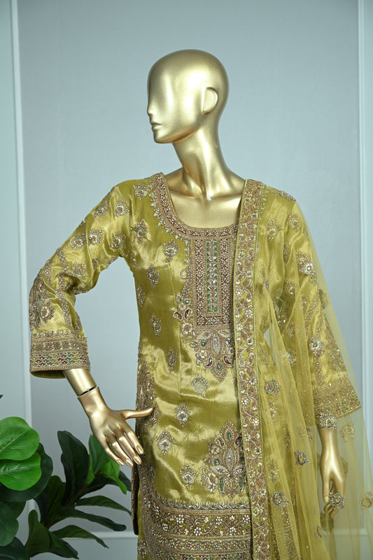 Olive Green Shimmer Tissue Sharara Suit