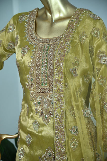 Olive Green Shimmer Tissue Sharara Suit