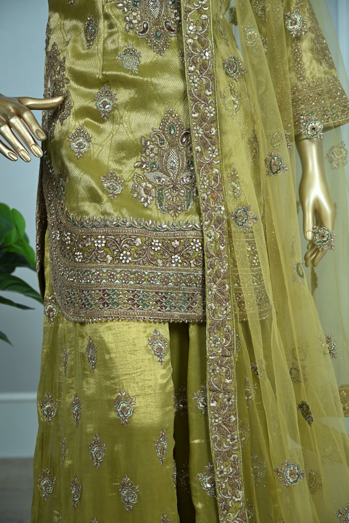 Olive Green Shimmer Tissue Sharara Suit