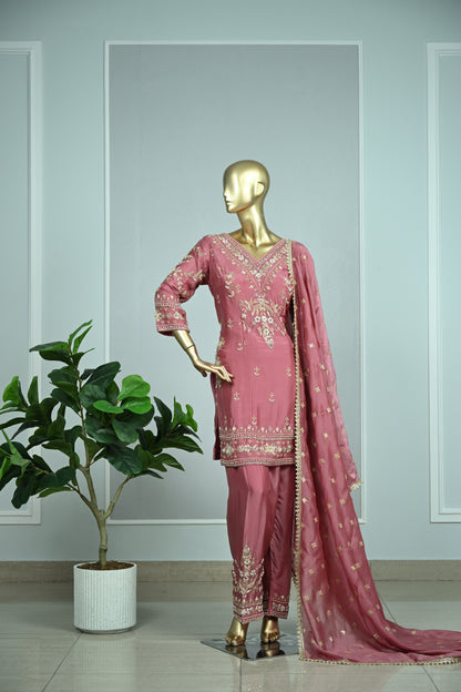 Dusty Rose Farsi Silk Suit with Zari & Pearl Embellishment