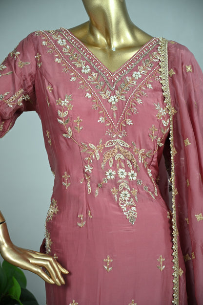 Dusty Rose Farsi Silk Suit with Zari & Pearl Embellishment