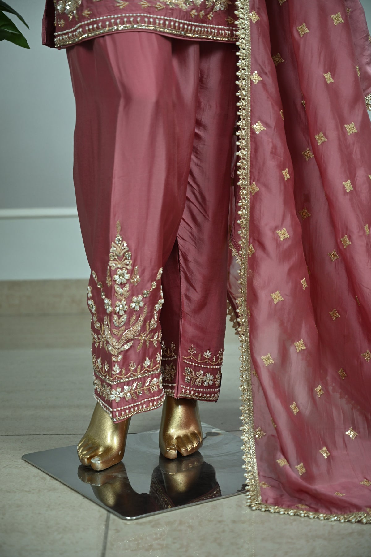 Dusty Rose Farsi Silk Suit with Zari & Pearl Embellishment