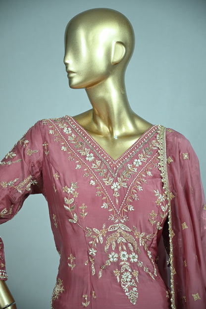 Dusty Rose Farsi Silk Suit with Zari & Pearl Embellishment