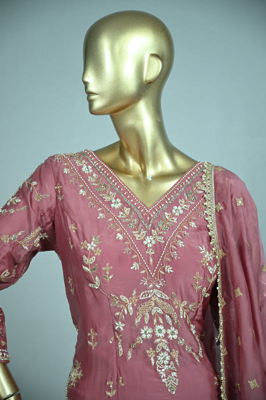 Dusty Rose Farsi Silk Suit with Zari & Pearl Embellishment