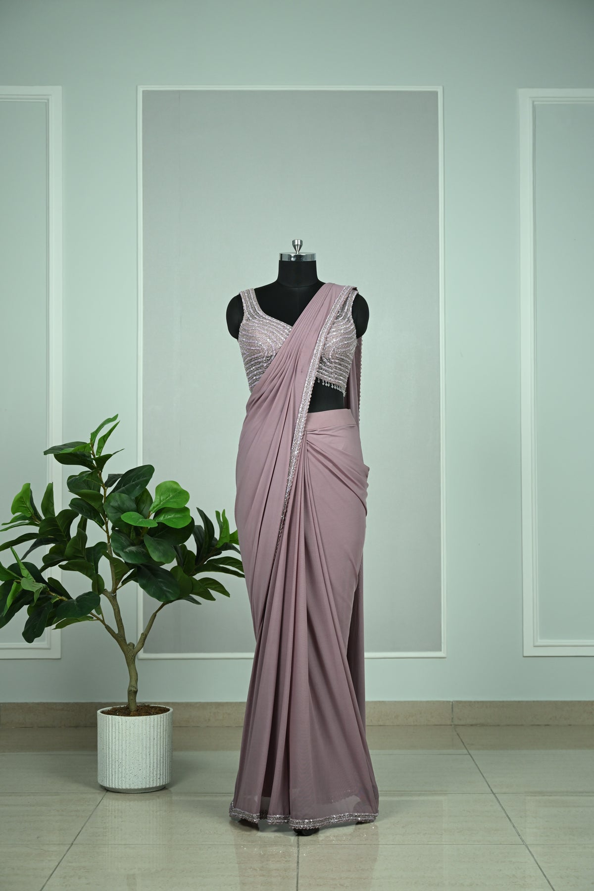 Lilac Soft Net Drape Saree with Sequin & Cut Dana Embellishments