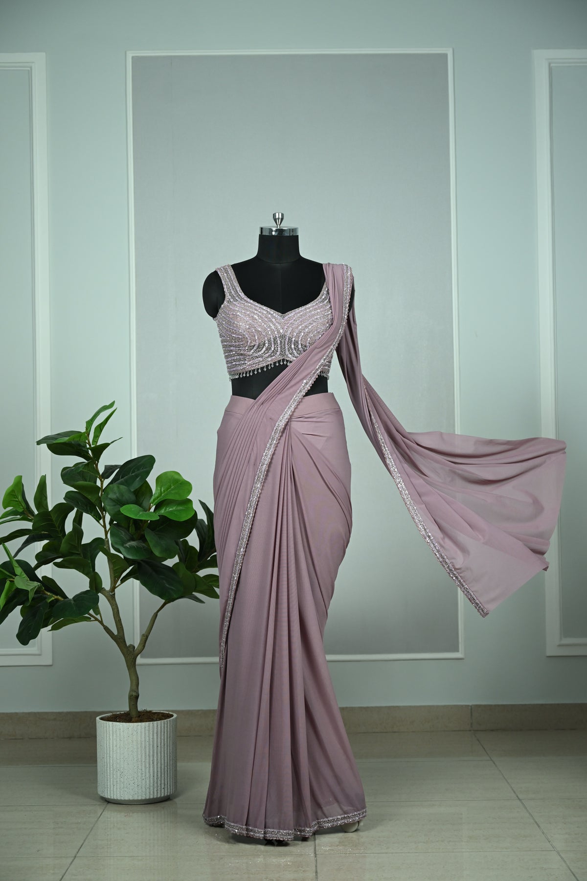 Lilac Soft Net Drape Saree with Sequin & Cut Dana Embellishments