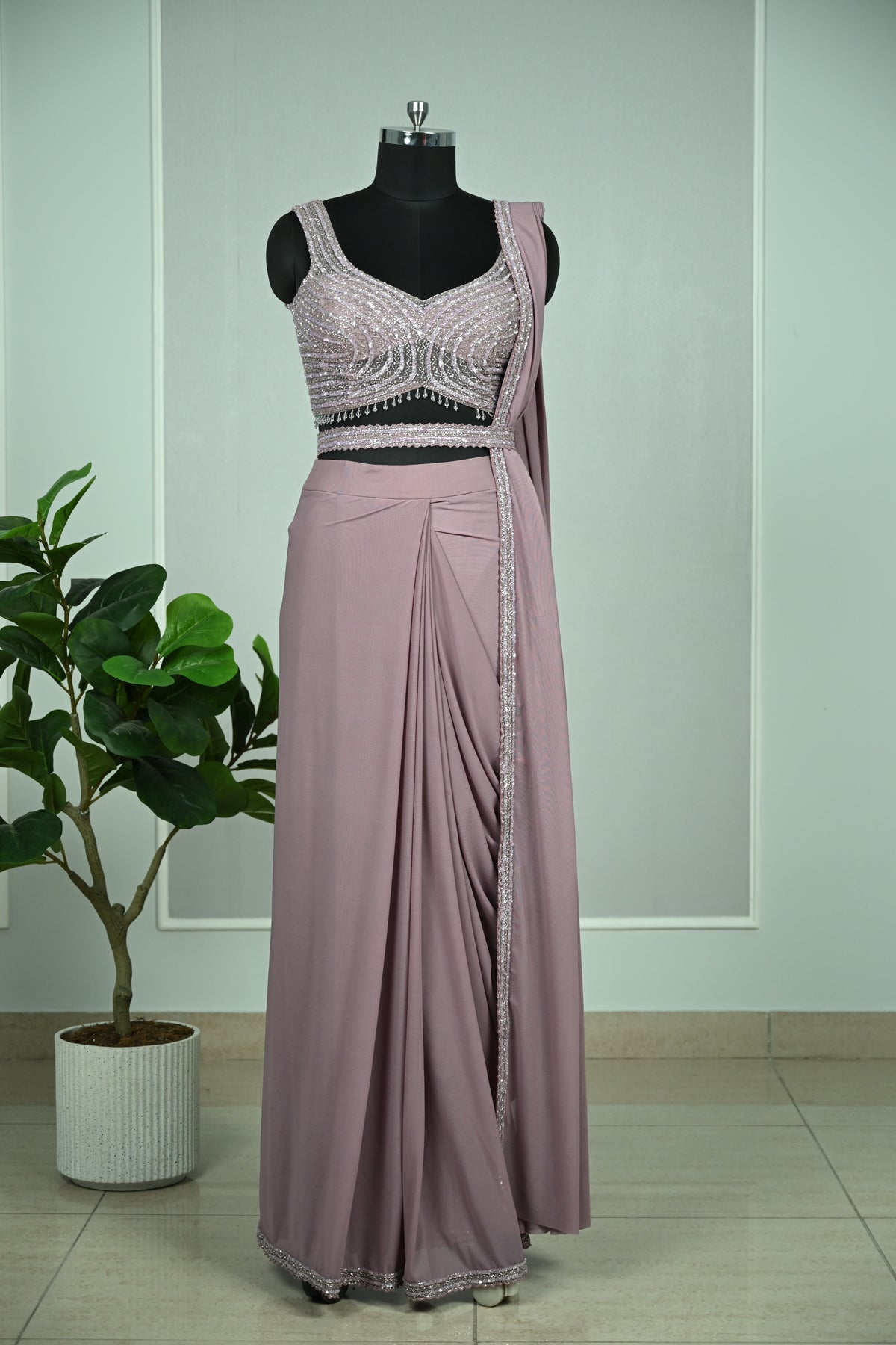 Lilac Soft Net Drape Saree with Sequin & Cut Dana Embellishments