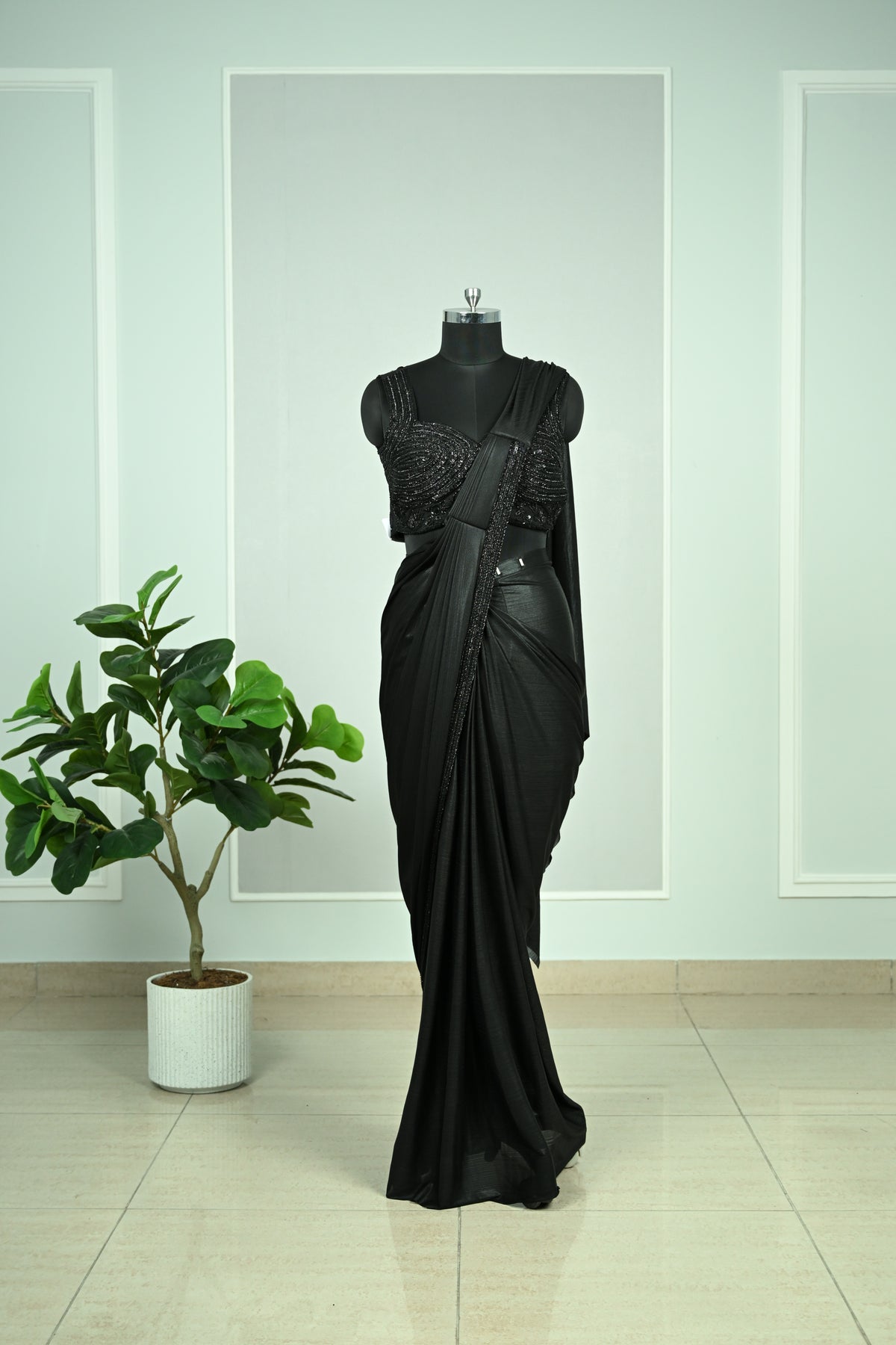 Carbon Black Lycra Drape Saree with Tone-on-Tone Cutdana & Sequin Embellishment
