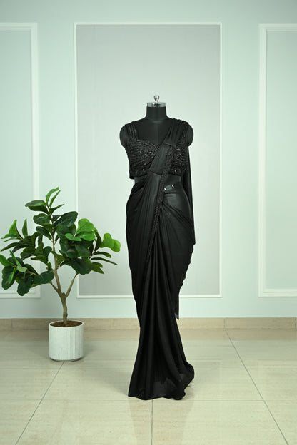 Carbon Black Lycra Drape Saree with Tone-on-Tone Cutdana & Sequin Embellishment