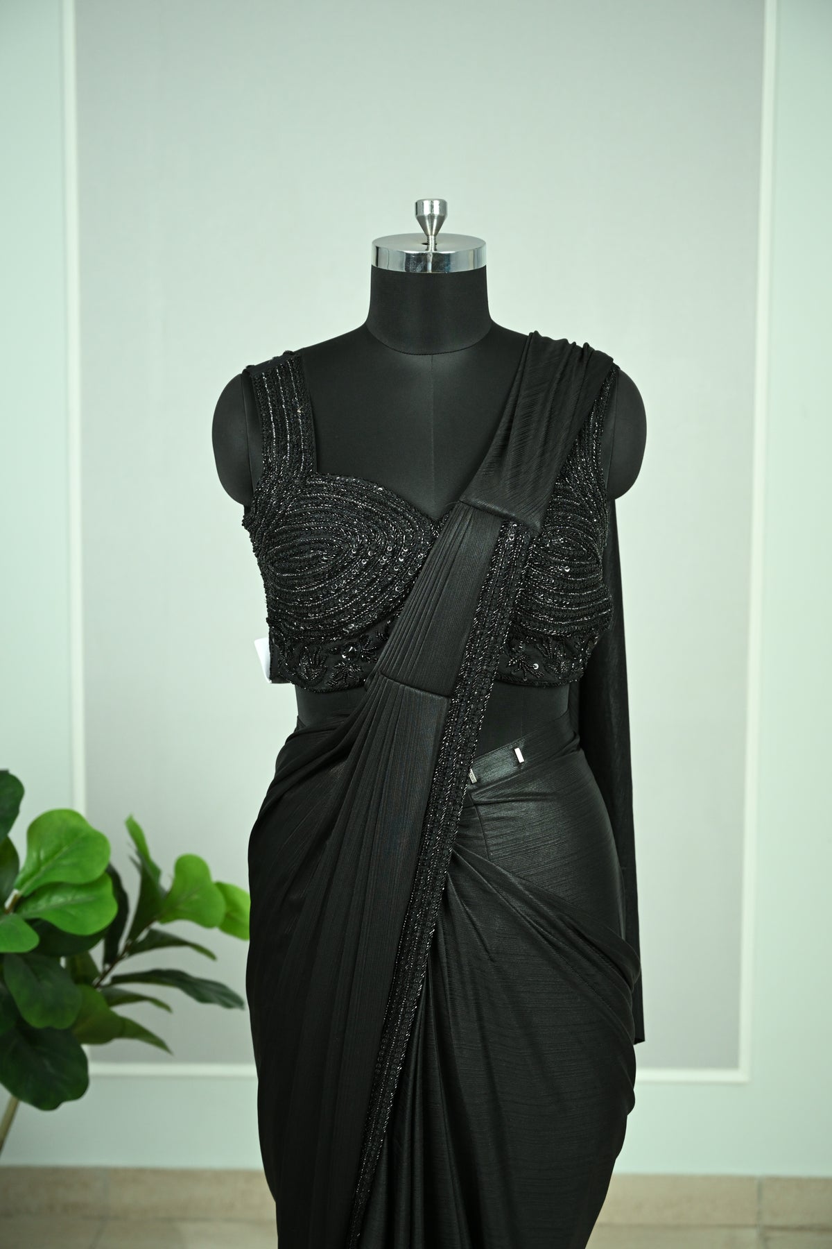 Carbon Black Lycra Drape Saree with Tone-on-Tone Cutdana & Sequin Embellishment