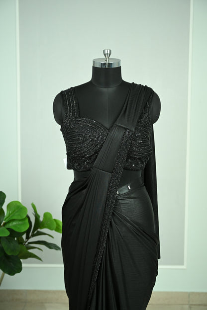 Carbon Black Lycra Drape Saree with Tone-on-Tone Cutdana & Sequin Embellishment