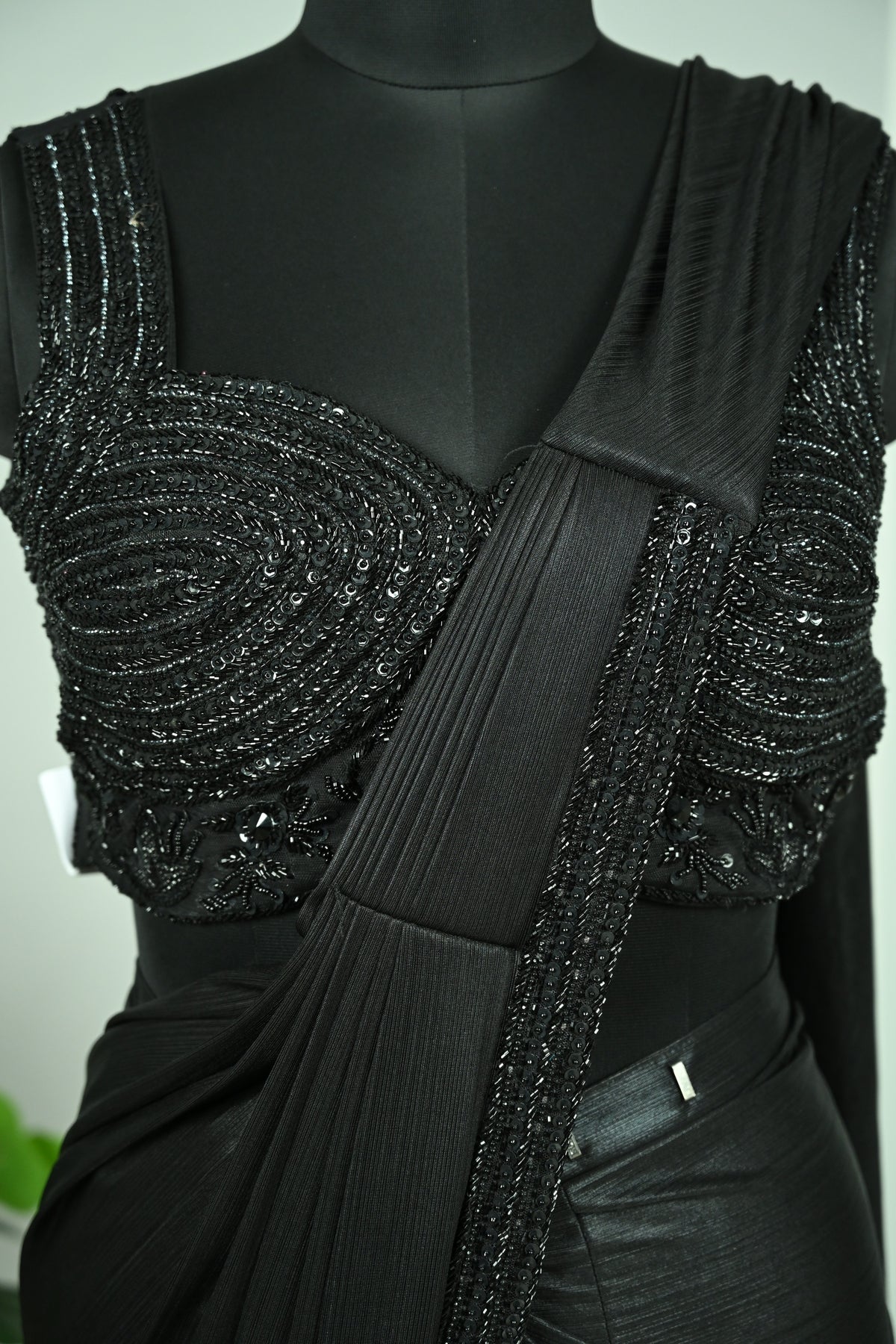 Carbon Black Lycra Drape Saree with Tone-on-Tone Cutdana & Sequin Embellishment