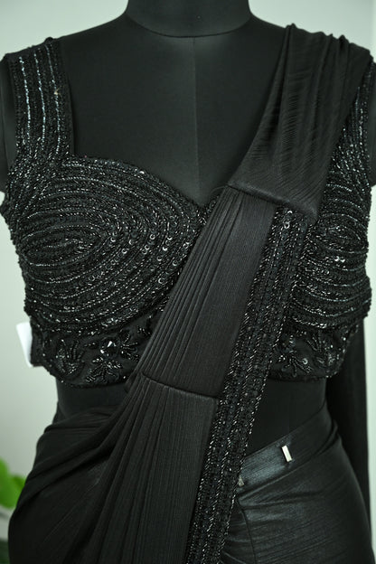 Carbon Black Lycra Drape Saree with Tone-on-Tone Cutdana & Sequin Embellishment