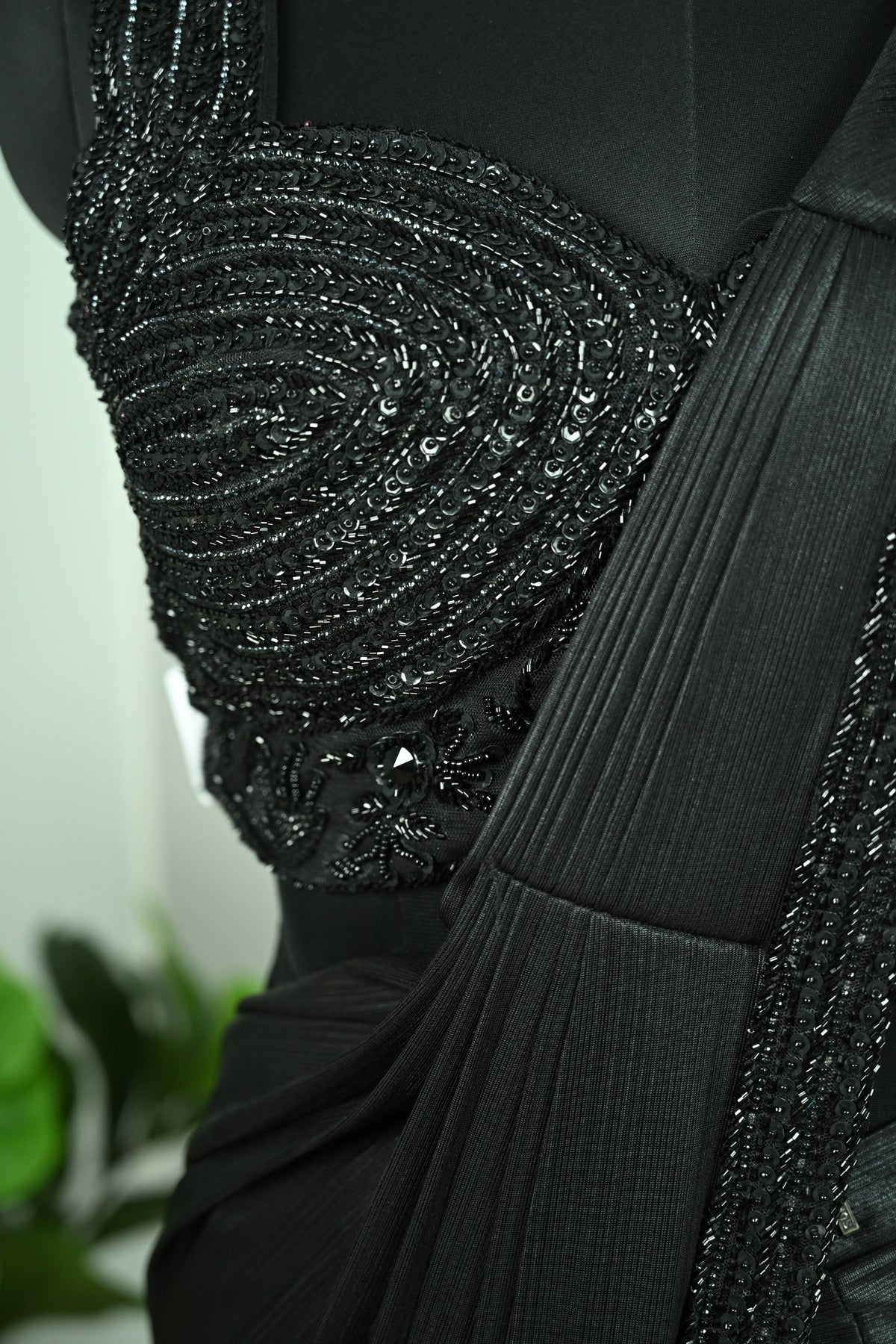Carbon Black Lycra Drape Saree with Tone-on-Tone Cutdana & Sequin Embellishment