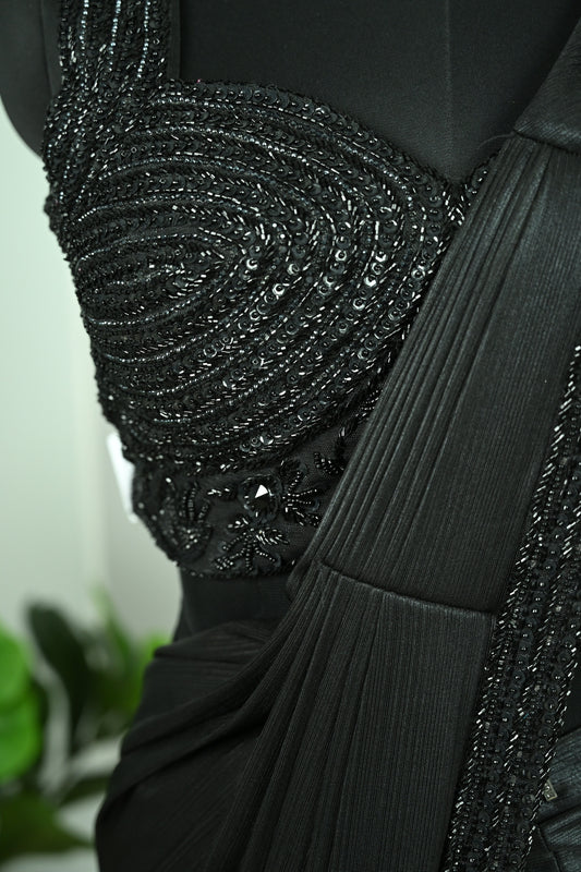 Carbon Black Lycra Drape Saree with Tone-on-Tone Cutdana & Sequin Embellishment