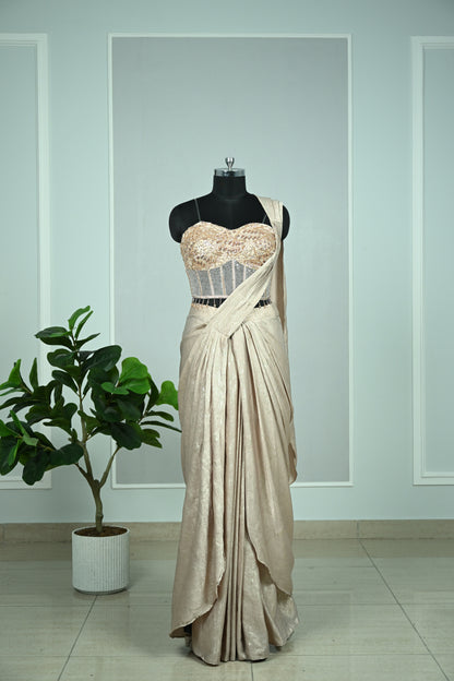 Rose Gold Shimmer Drape Saree with Sequin & Cutdana Embellished Blouse