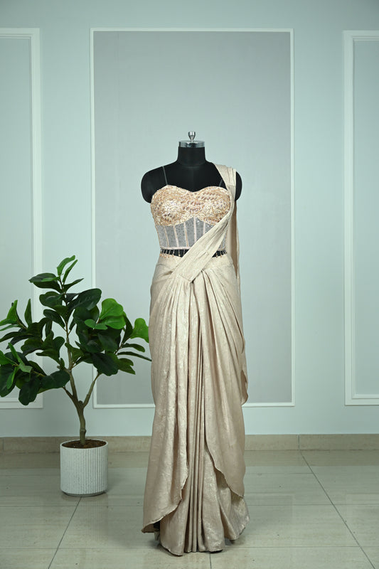 Rose Gold Shimmer Drape Saree with Sequin & Cutdana Embellished Blouse